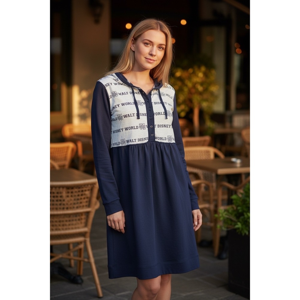 Disney Parks Walt Disney World Hooded Henley Dress Navy Blue Sz M